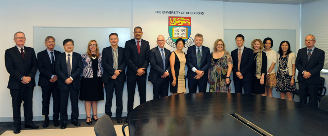 (From left to right) Professor David John Hill (HKU); Professor Jeffrey Riegel (U of Sydney); Professor Norman Tien (HKU); Professor Nicole Gurran (U of Sydney); Professor Chris Webster (HKU); Professor Derek Collins (HKU); Dr. Michael Spence (U of Sydney) ; Ms Janaline Oh, Acting Consul-General of Australian Consulate-General of HK; Professor Peter Mathieson (HKU); Professor Katherine Belov (U of Sydney); Professor John Kao (HKU); Ms. Wendy Haydon (Australian Trade Commission); Dr. Jenny Lam (HKU); Ms. Eve Ching (Australian Trade Commission); Professor Joe Dong (U of Sydney)